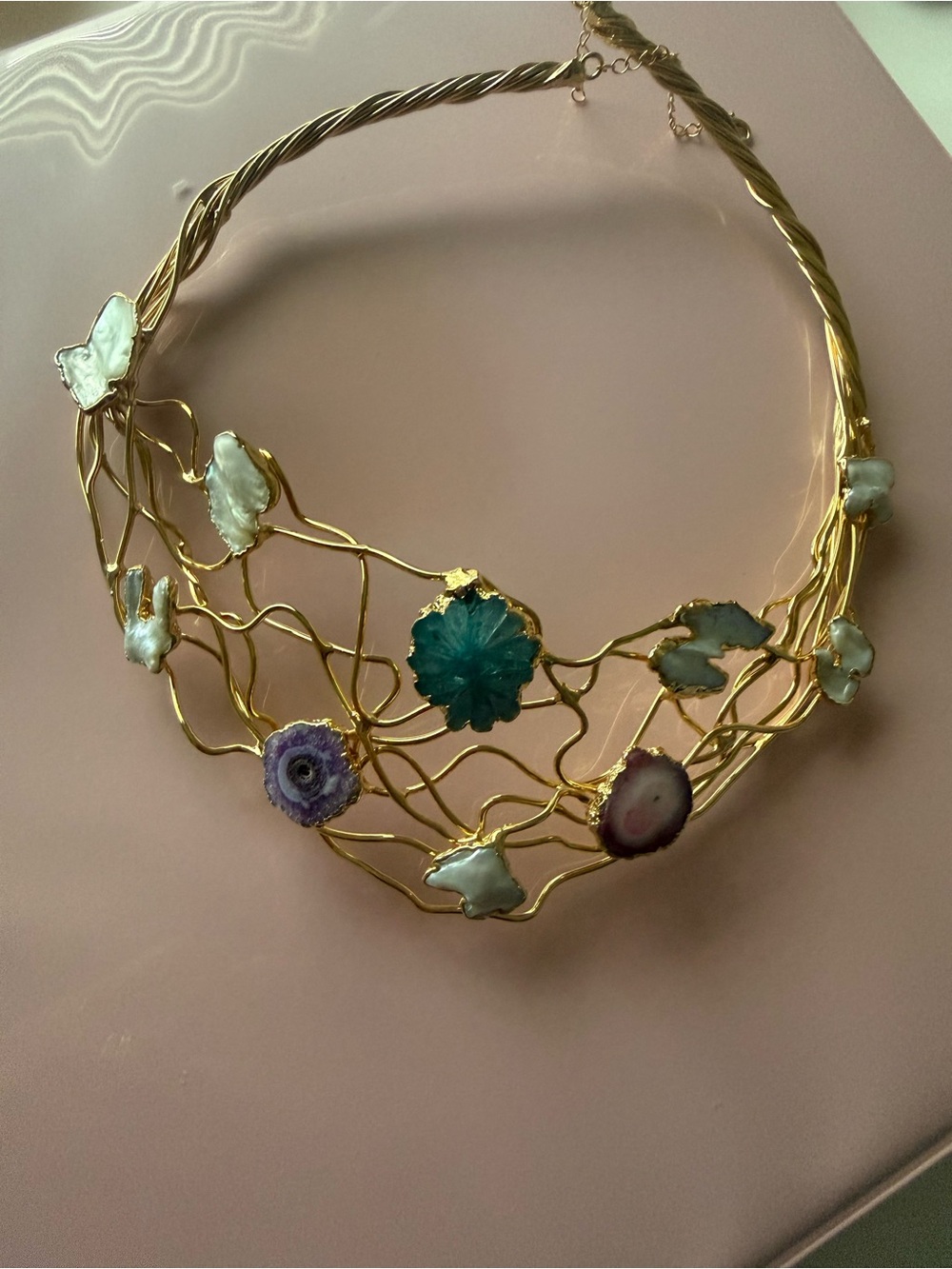 Gold Floral Agate & Pearl Statement Necklace - Women Jewelry
